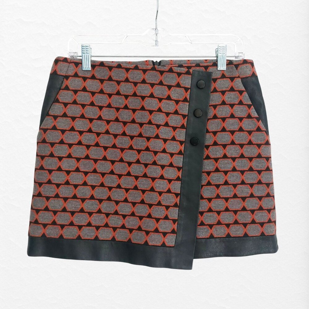 Karen Millen Wool Mini Skirt 6 Preppy Wrap Style Black Grey Orange Like New
